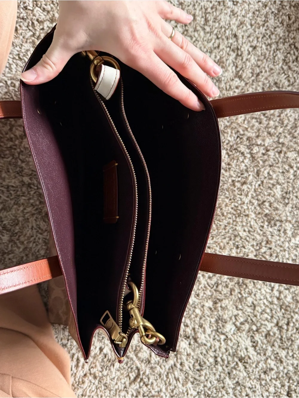Coach Signature Canvas Tote in Brown with Cream Handles
